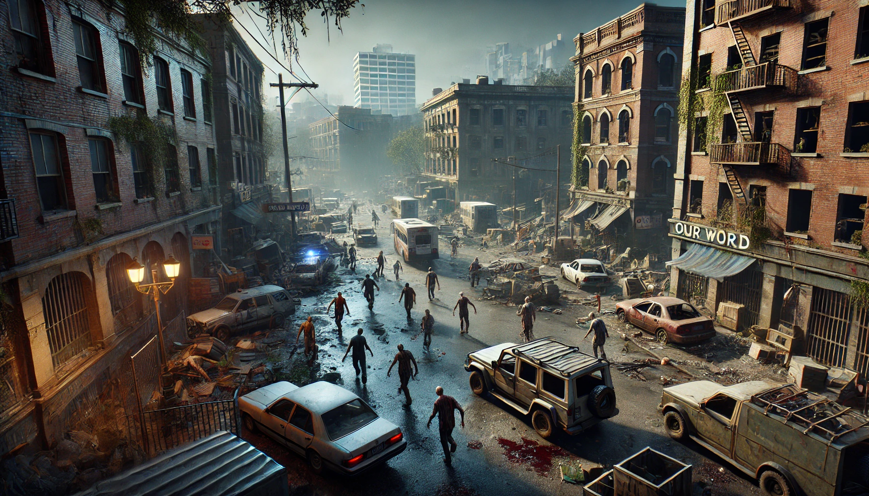  the universe of The Walking Dead: Our World. The scene shows an urban environment ravaged by a zombie apocalypse. Buildings are in disrepair, cars are abandoned, and the streets are filled with debris.