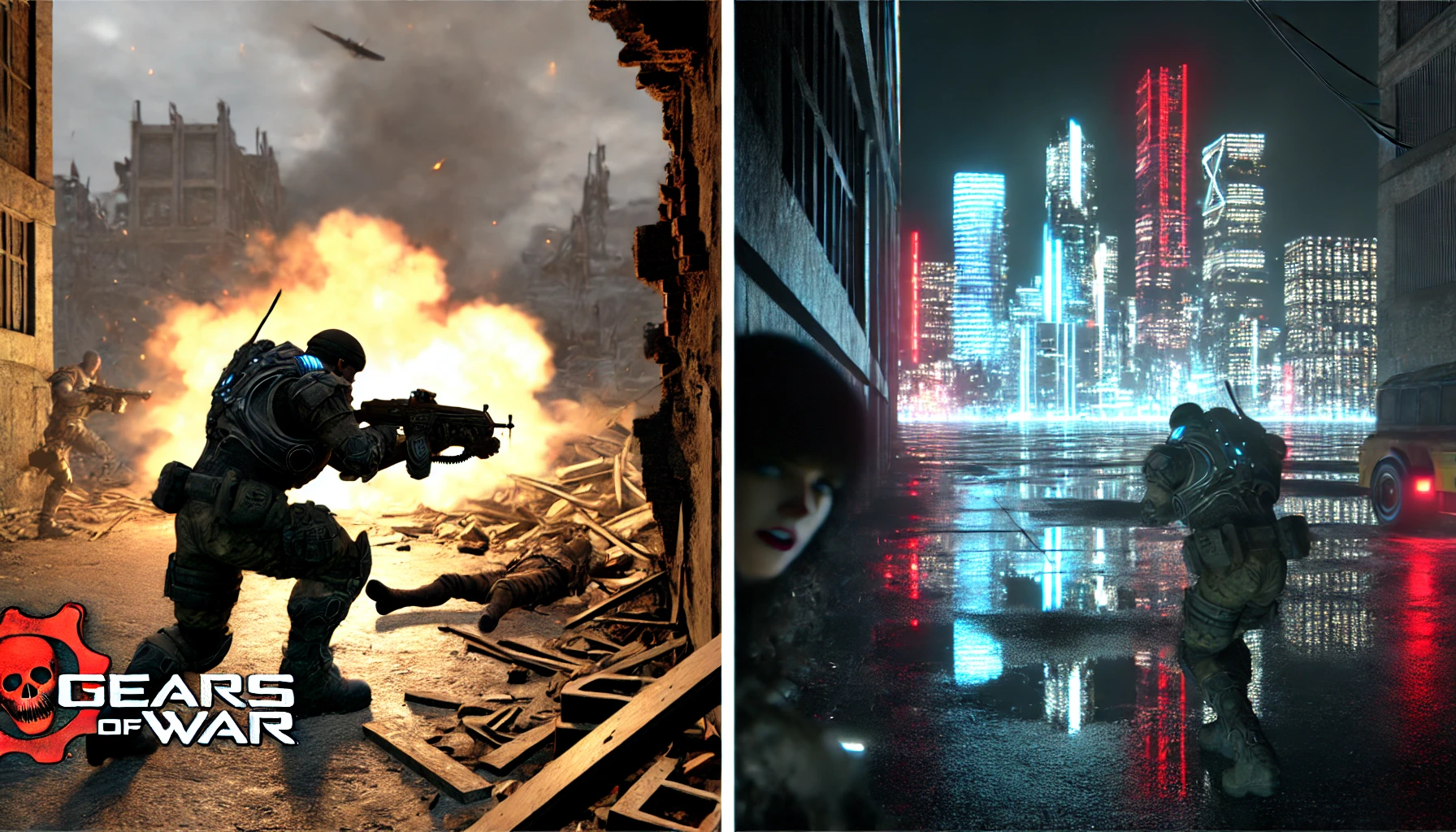 two of the most anticipated gaming trailers: 'Gears of War: E-Day' and 'Perfect Dark.' The scene features intense action sequences, with the 'Gears of War' environment set in a gritty, post-apocalyptic world.