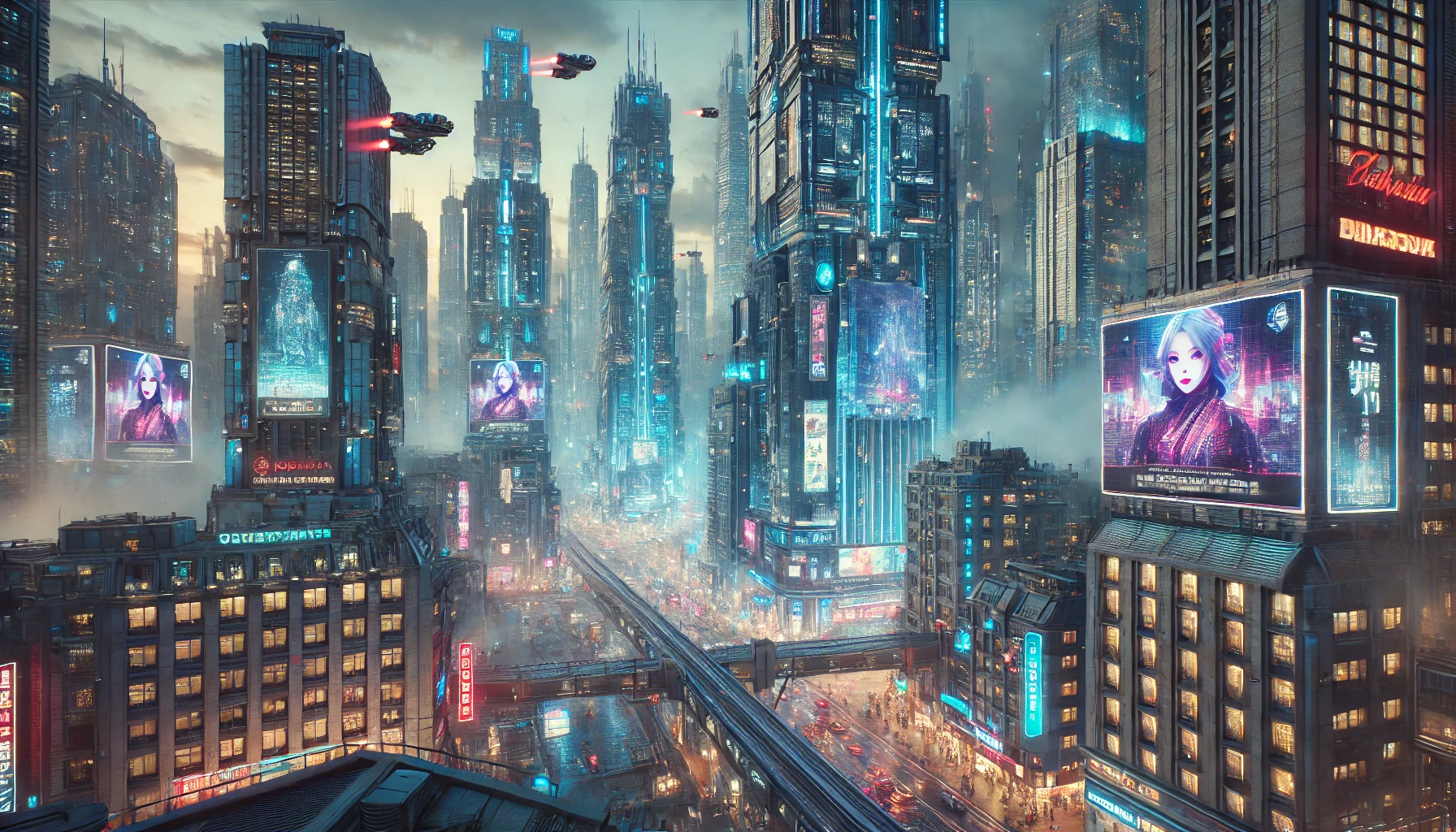 a futuristic cityscape at night, with towering skyscrapers adorned with neon lights and holographic advertisements. The city is bathed in a bluish hue, with flying cars zooming between the buildings.