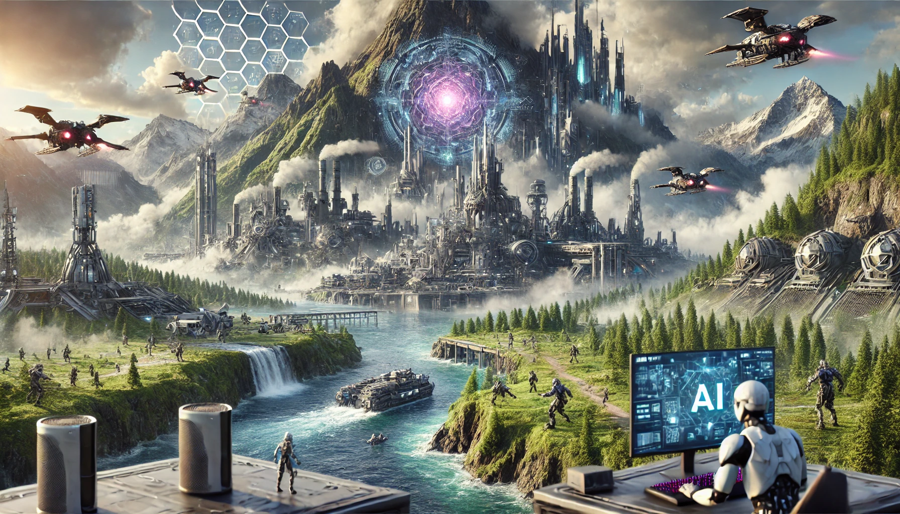 the future of gaming, focusing on a highly advanced AI-generated environment.