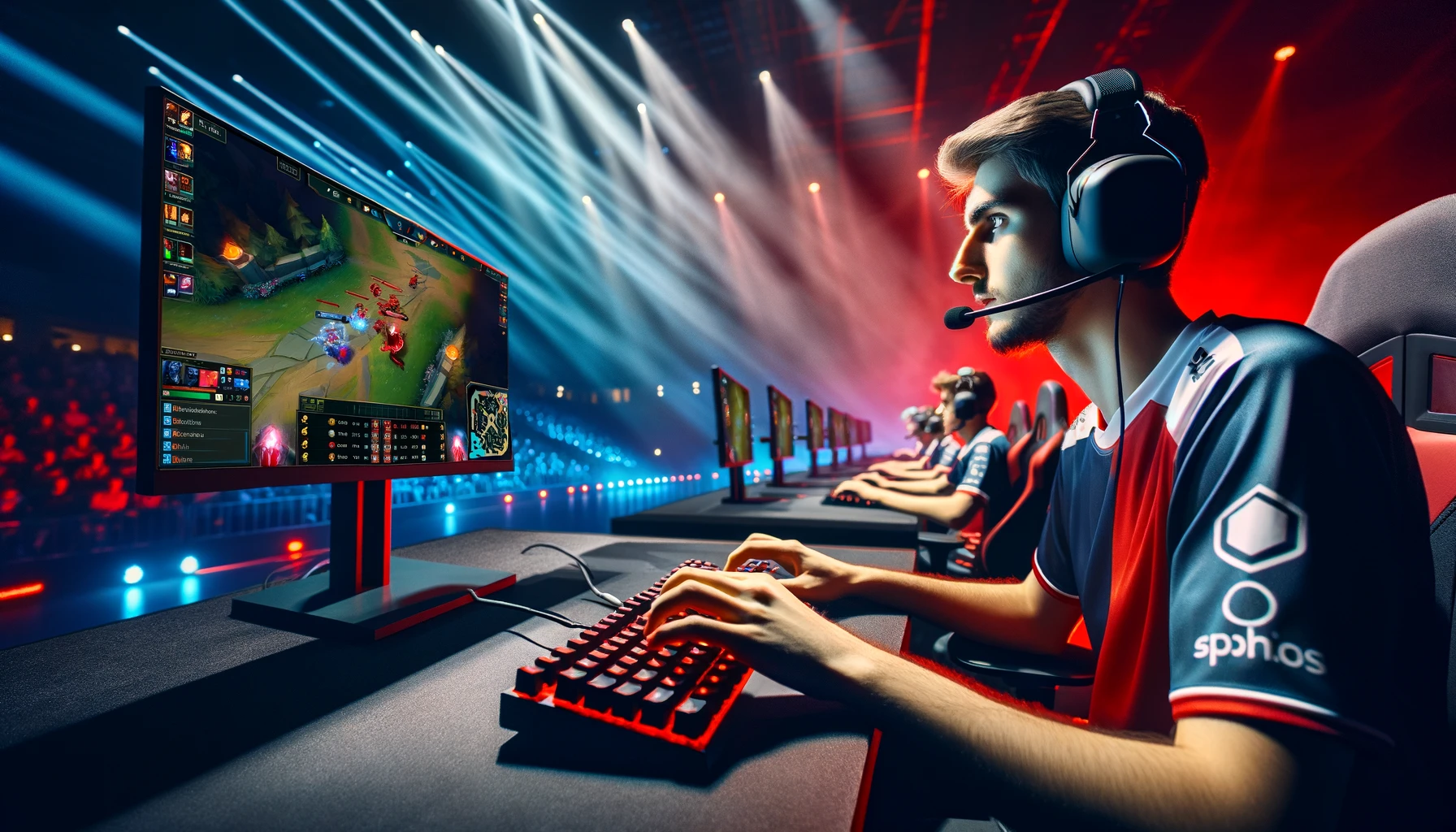 A professional esports male gamer playing a competitive MOBA PvP game from a top-down view on stage