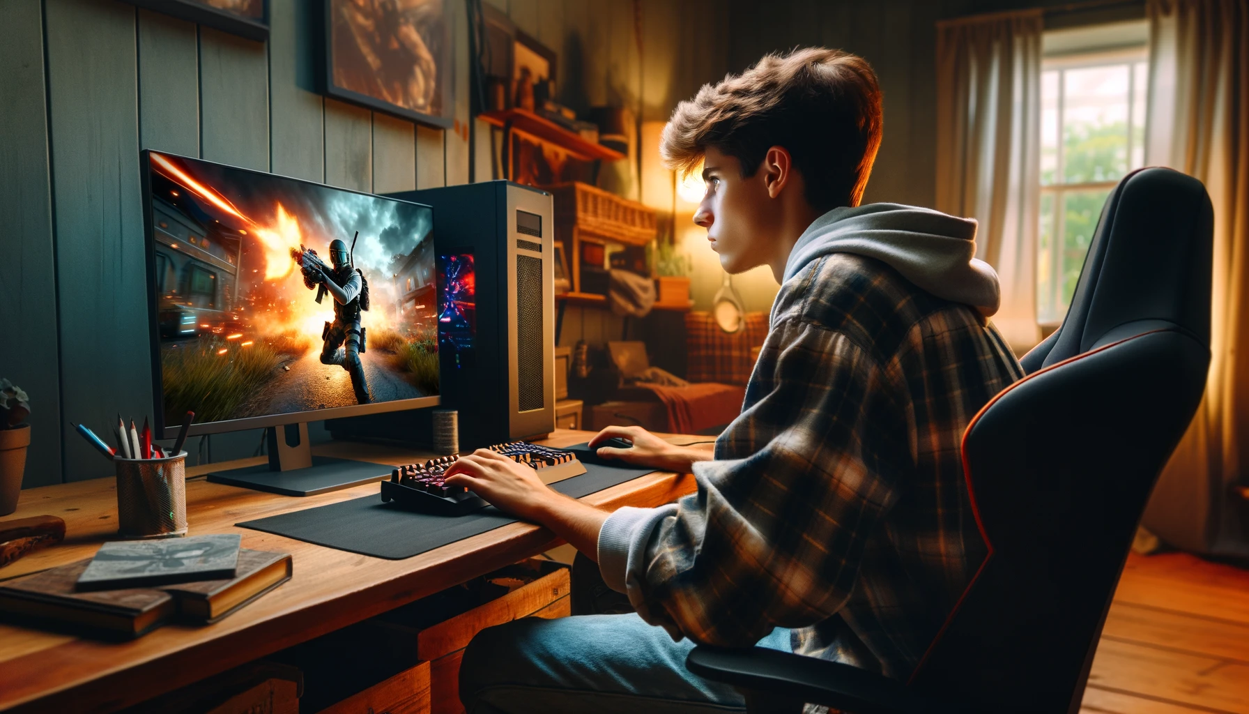 A teenager playing a generic modern action video game on a PC in a home setting