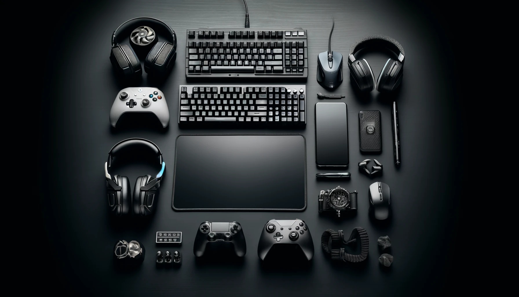 Top view of a gamer's workspace concept on a black table