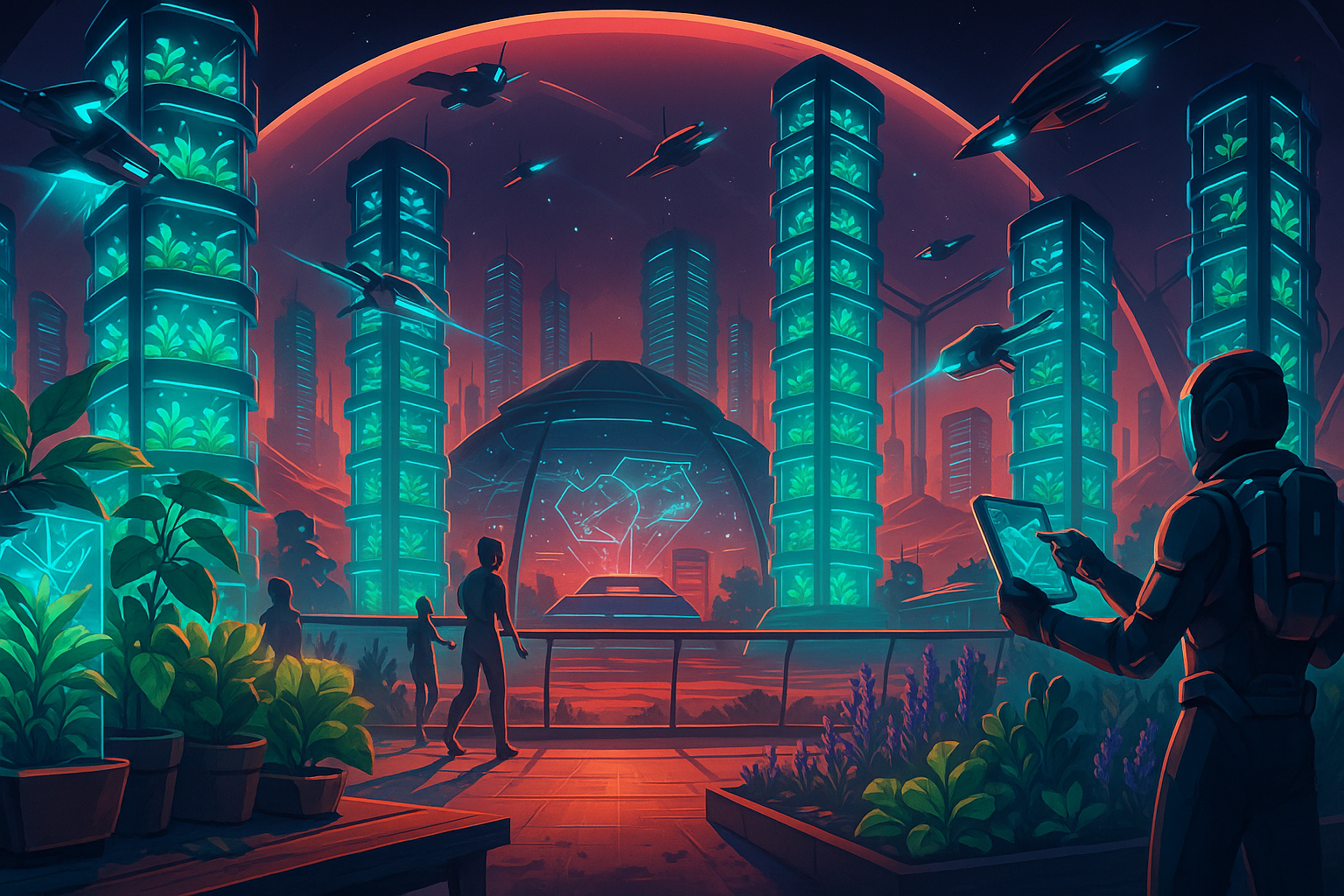 Futuristic gardens on Mars, artistic illustration.