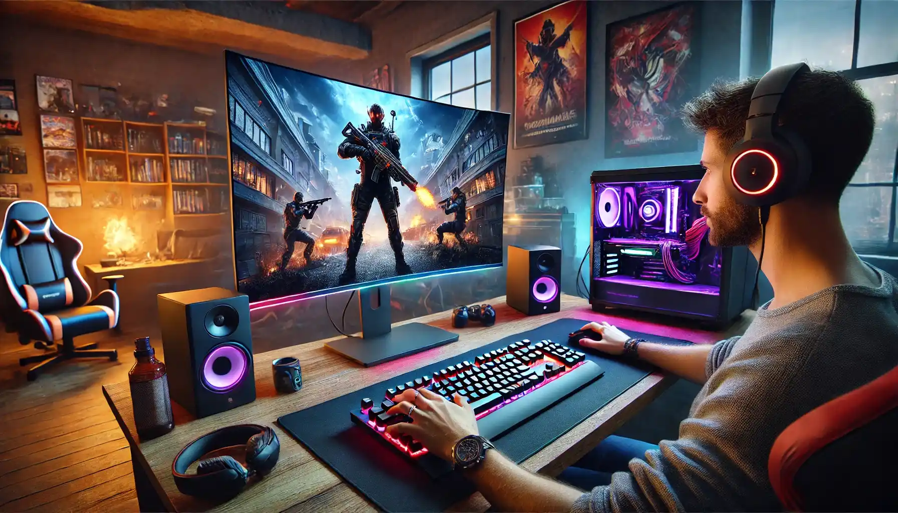 a passionate gamer playing on a high-performance gaming PC.