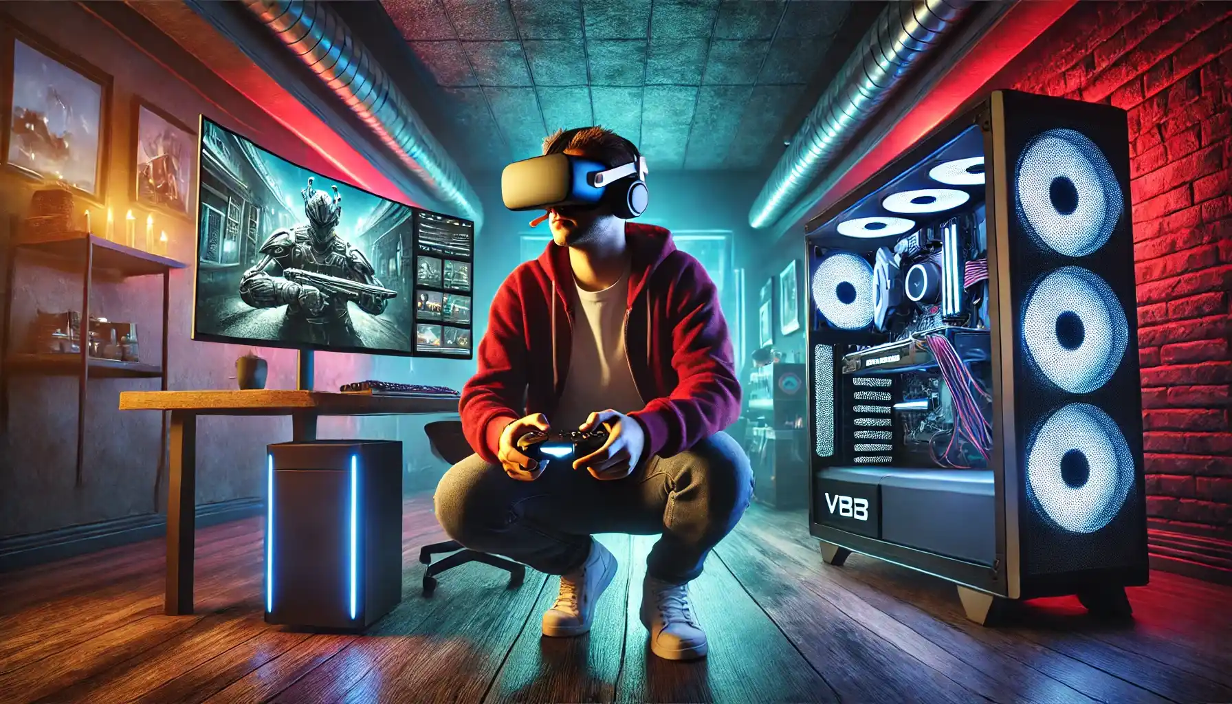 a modern gaming experience with virtual reality in a high-tech gaming room. Both images capture the essence of gaming evolution and modern technology.