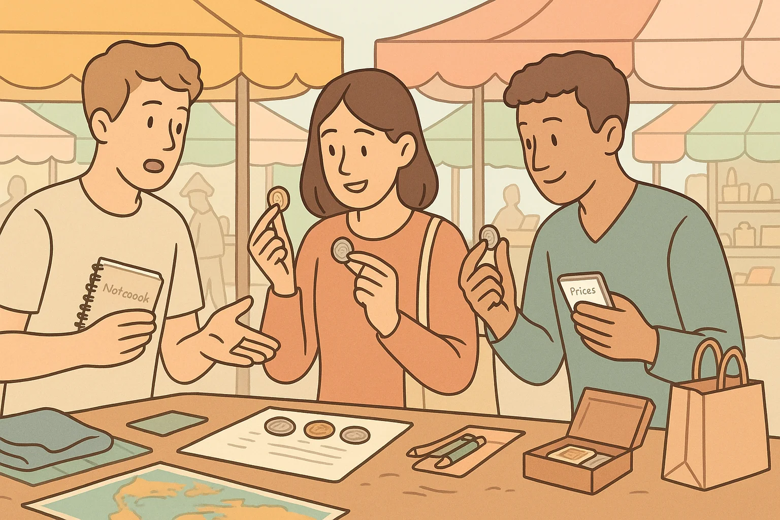 A group of friends discusses coin prices at the flea market.