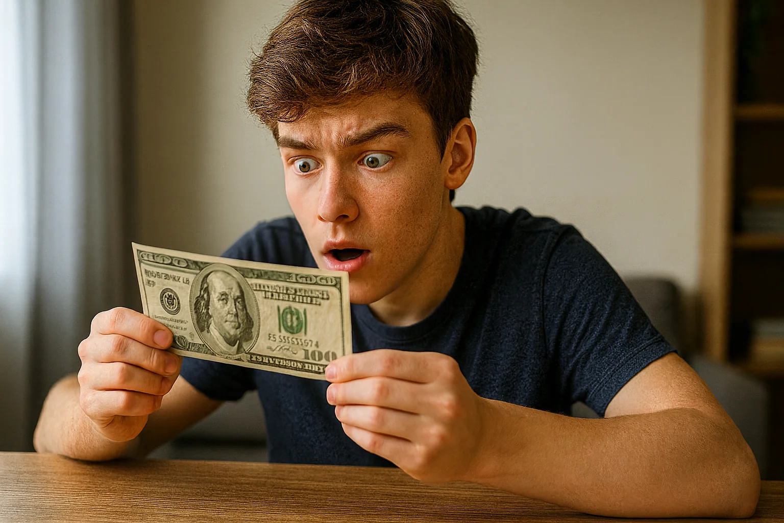 A teenage boy carefully examines an old $100 bill at a wooden table with curiosity and surprise.