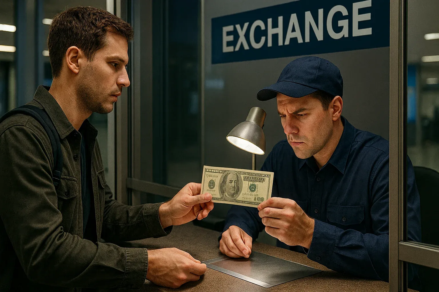 At an airport exchange counter, a young man hands an old $100 bill to a cautious teller inspecting it under a lamp.